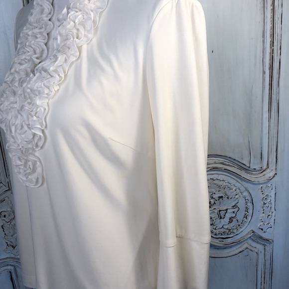 Andre’ Oliver Jersey Knit Multi Layered Ruffle Neckline Mid Sleeve Popover Top - Picture 8 of 11